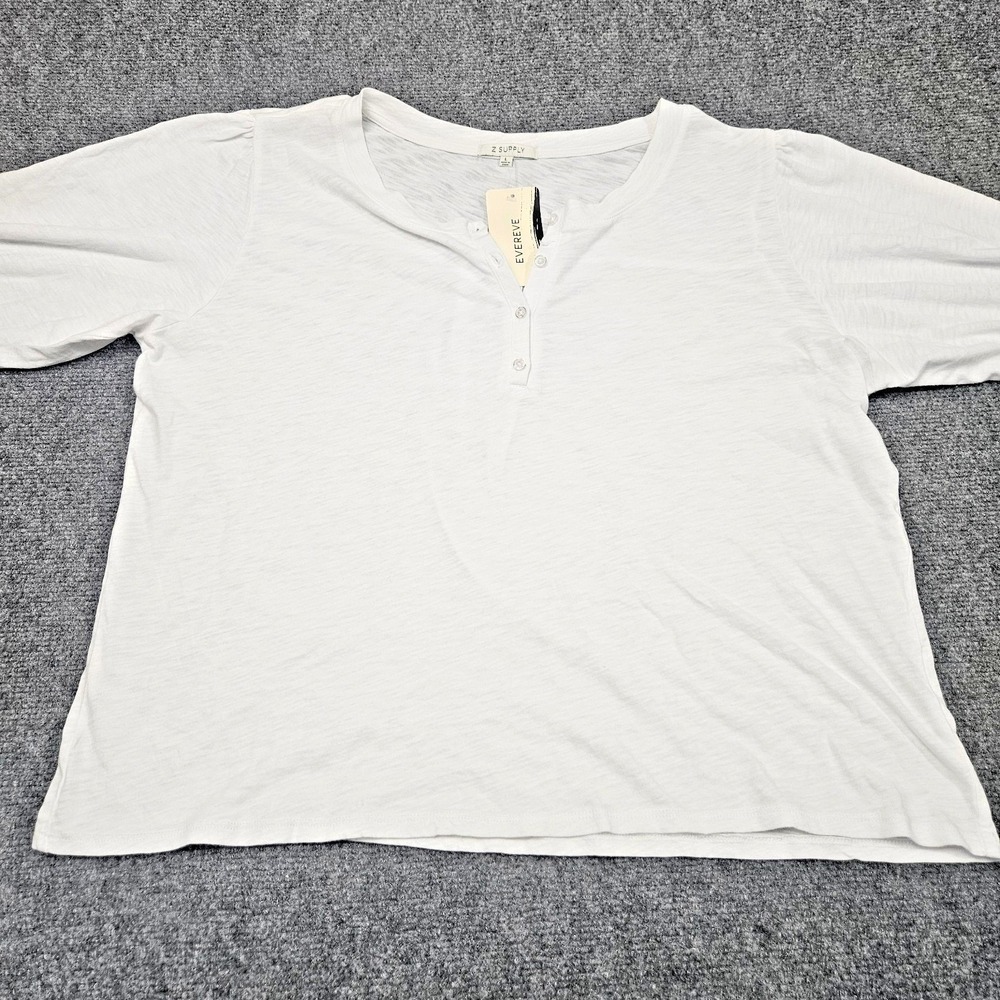 Z Supply Kate Henley Slub Top Womens L White Puff Sleeve Cotton Evereve New